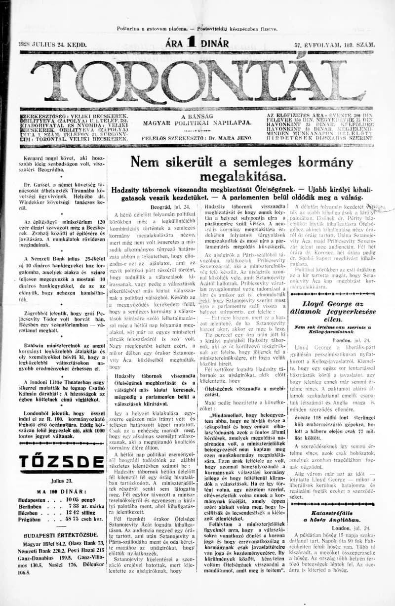 Torontál, 57. évf. 1928. július 24. 169. sz.