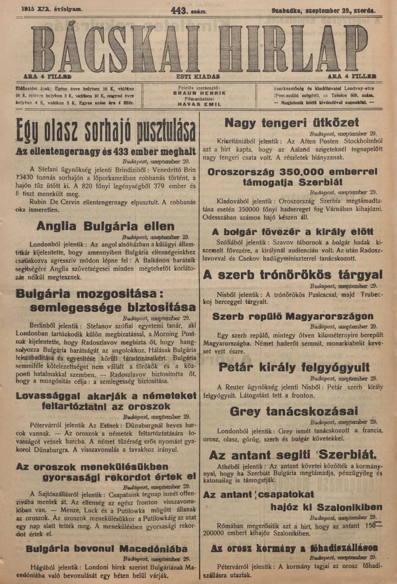 Bácskai Hirlap, 19. évf. 1915. szeptember 29. 443. sz.