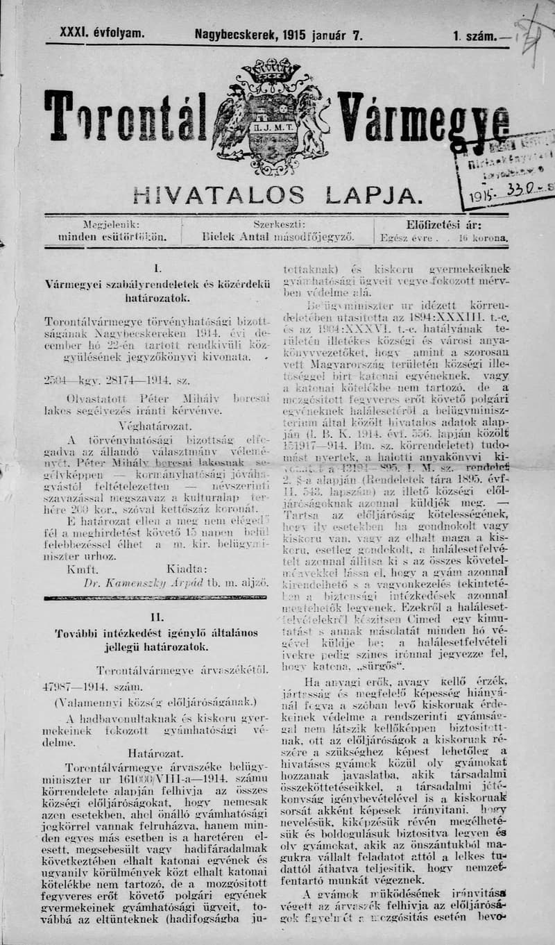Torontál Vármegye Hivatalos Lapja, 31. évf. 1915. január 7. 1. sz.