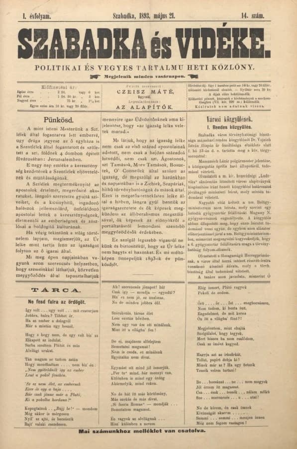 Szabadka és vidéke II, 1. évf. 1893. május 21. 14. sz.