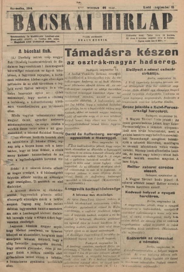 Bácskai Hirlap, 18. évf. 1914. szeptember 15. 208. sz.