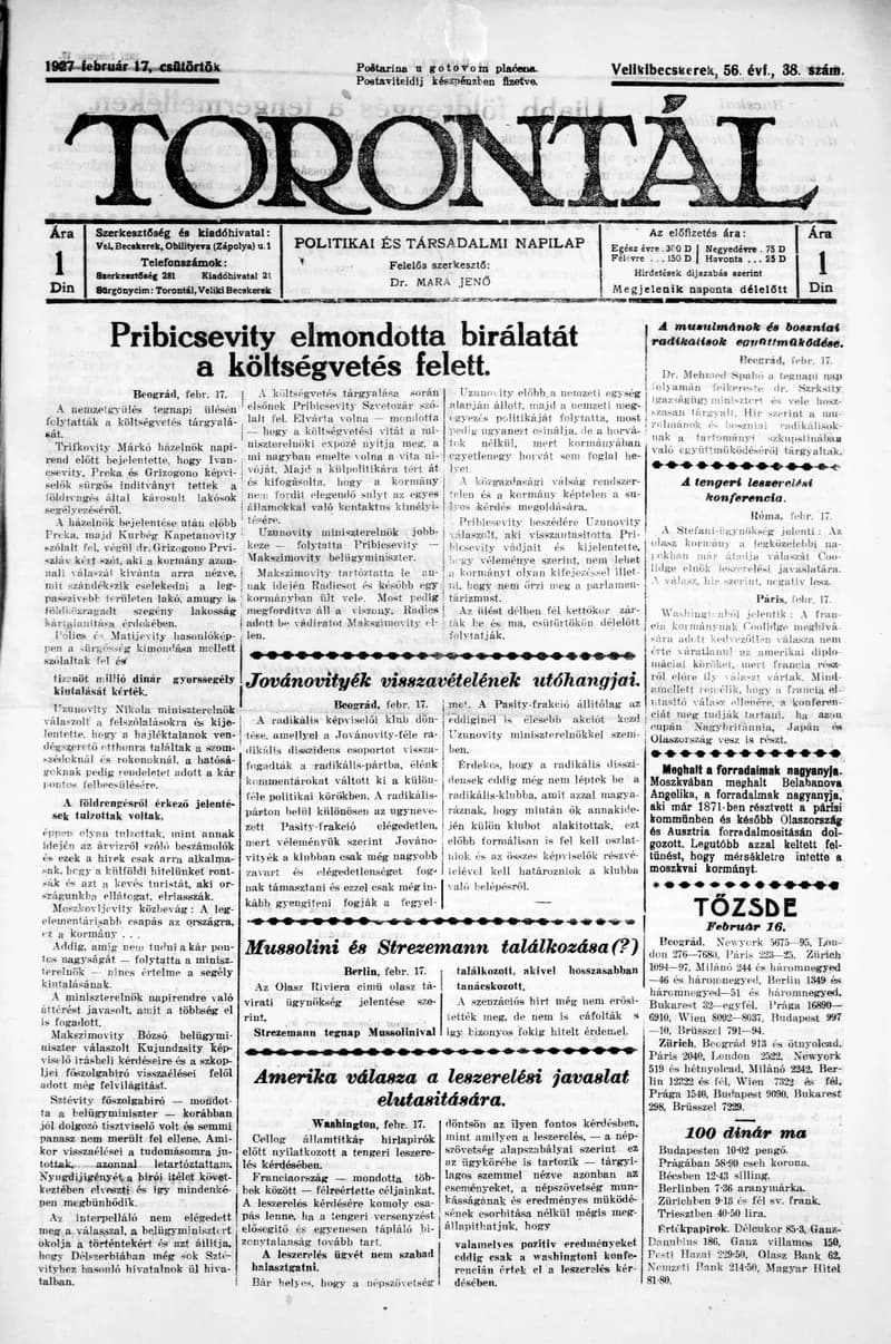 Torontál, 56. évf. 1927. február 17. 38. sz.