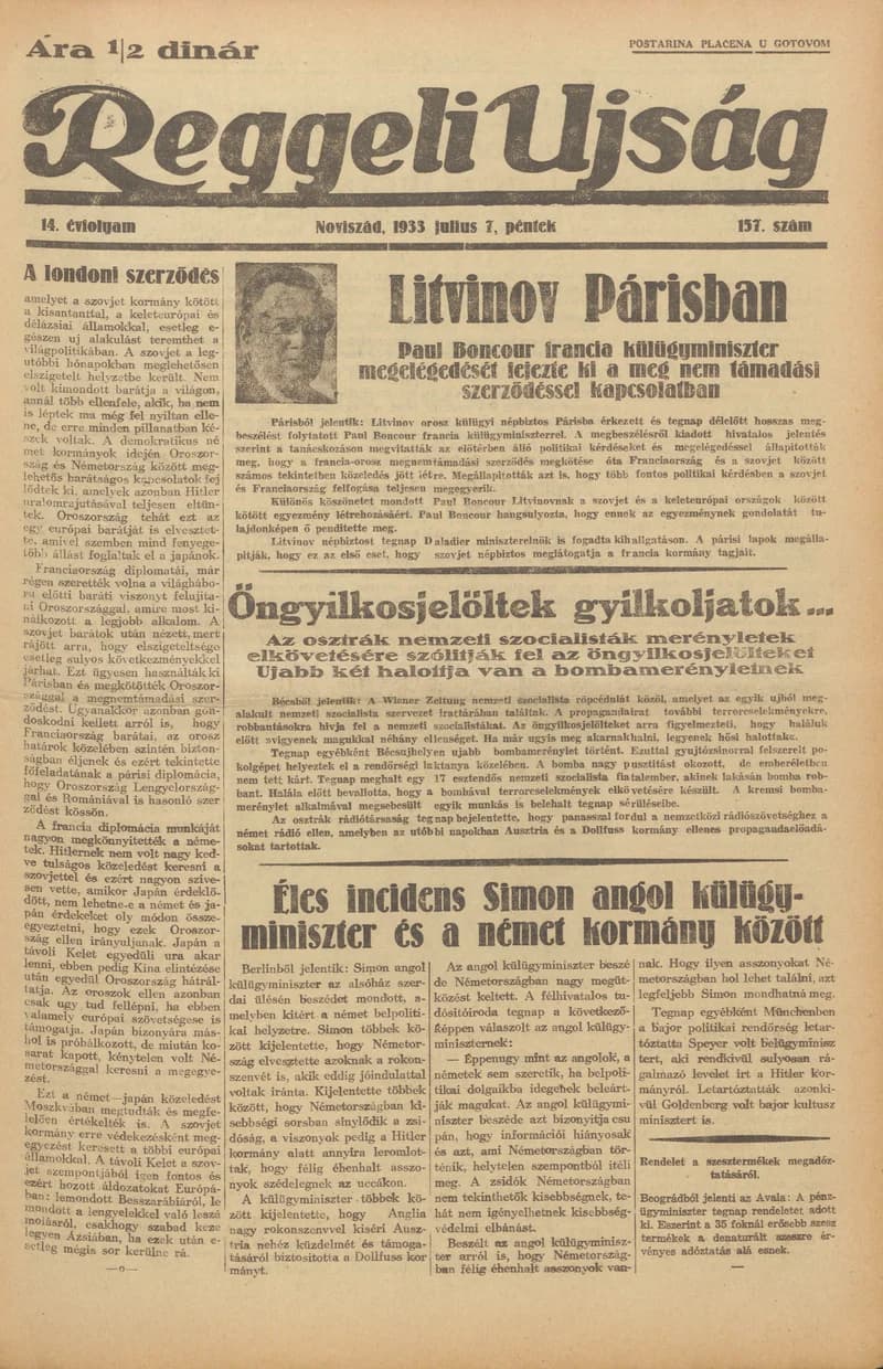 Reggeli Újság, 14. évf. 1933. július 7. 157. sz.