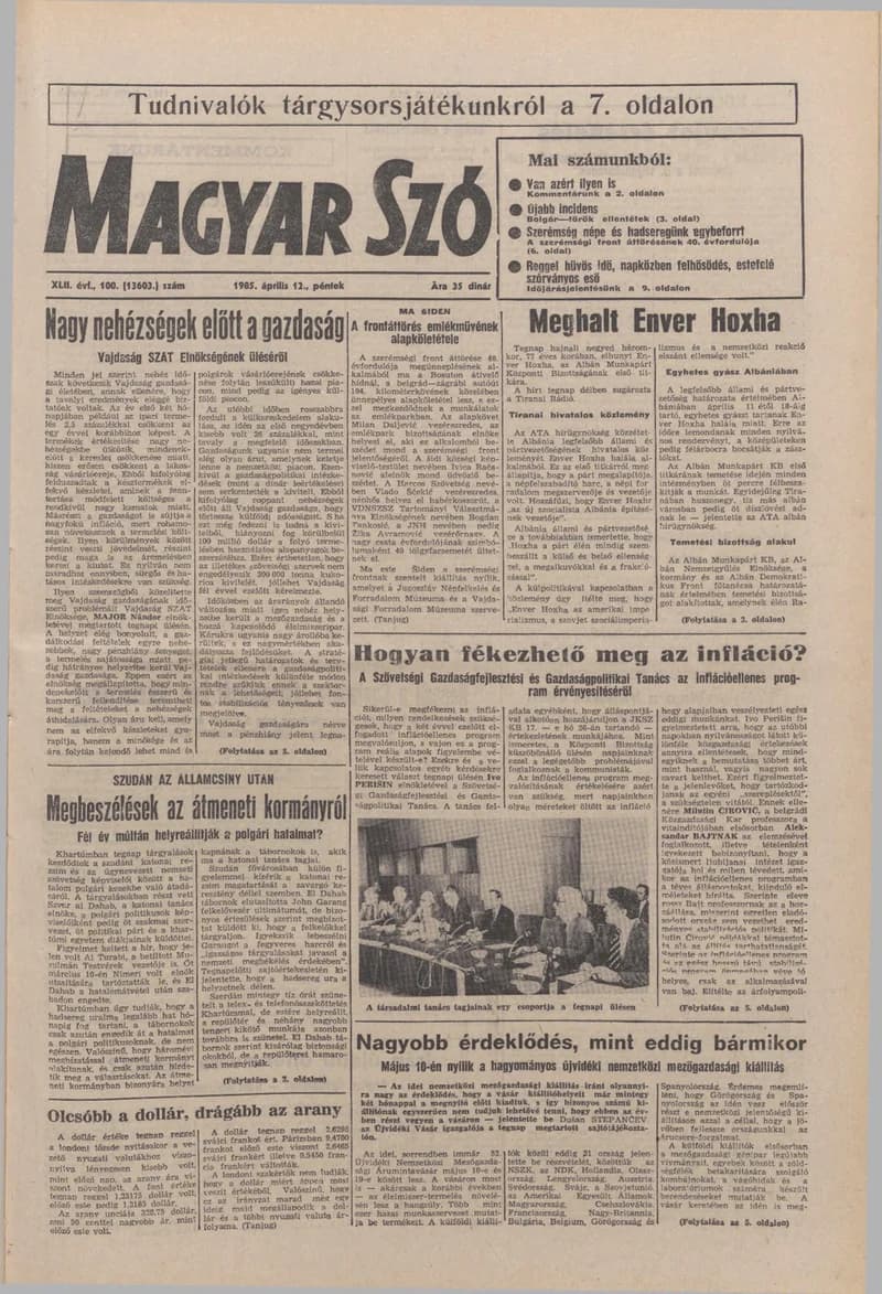 Magyar Szó, 42. évf. 1985. április 12. 100. sz. 1–20. oldal
