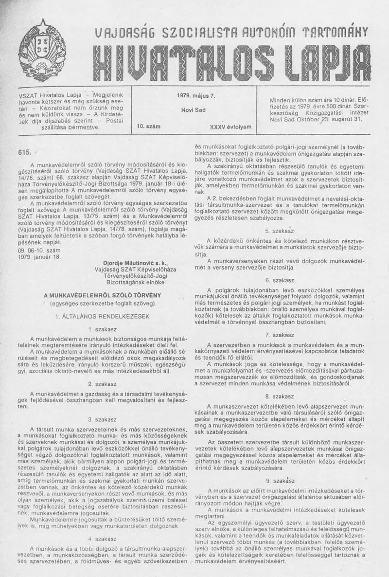 Vajdaság Szocialista Autonóm Tartomány Hivatalos Lapja, 35. évf. 1979. május 7. 10. sz. 673–704. oldal