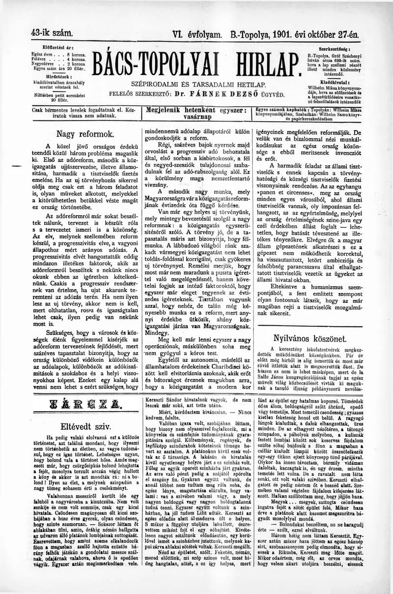 Bács-Topolyai Hirlap, 6. évf. 1901. október 27. 43. sz.