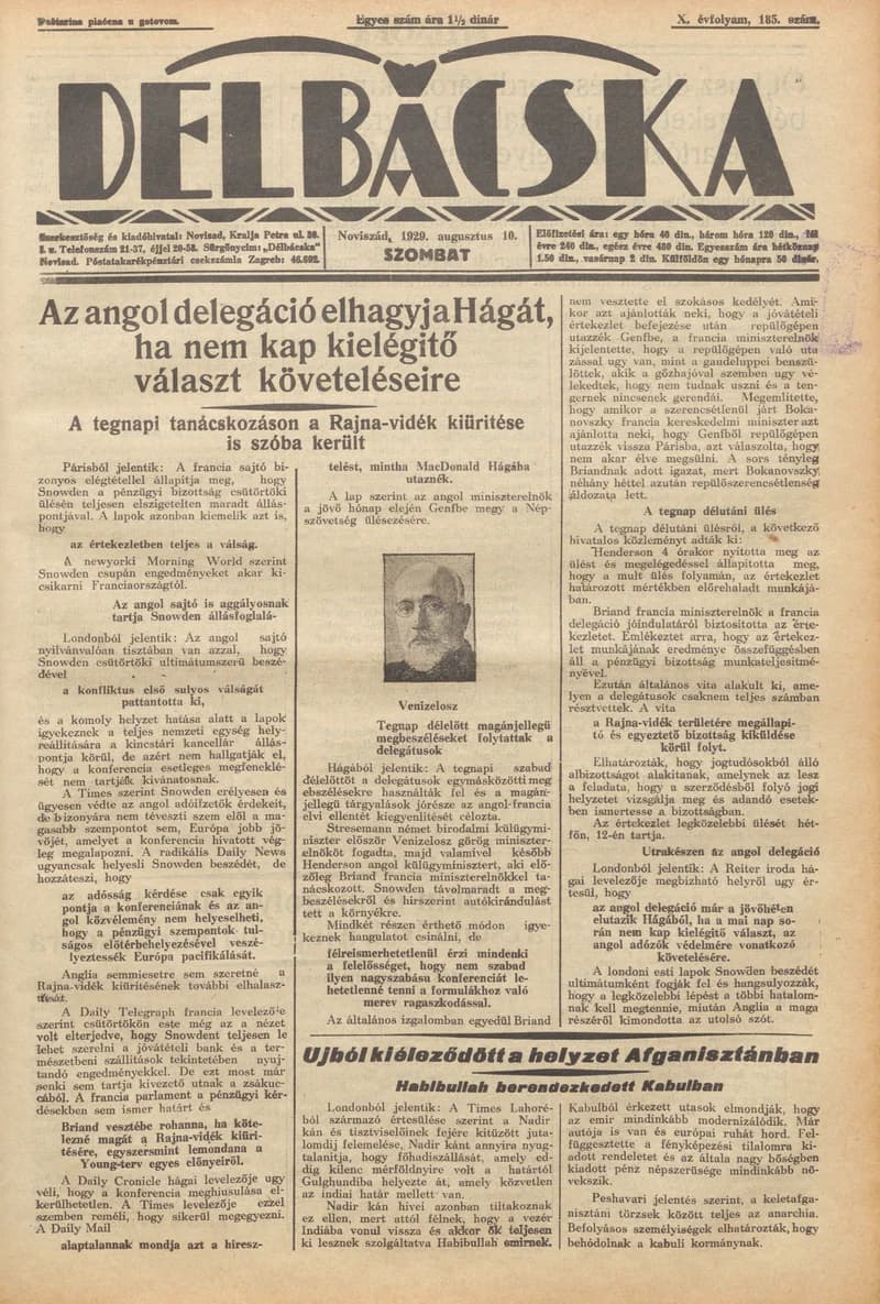 Délbácska, 10. évf. 1929. augusztus 10. 185. sz.