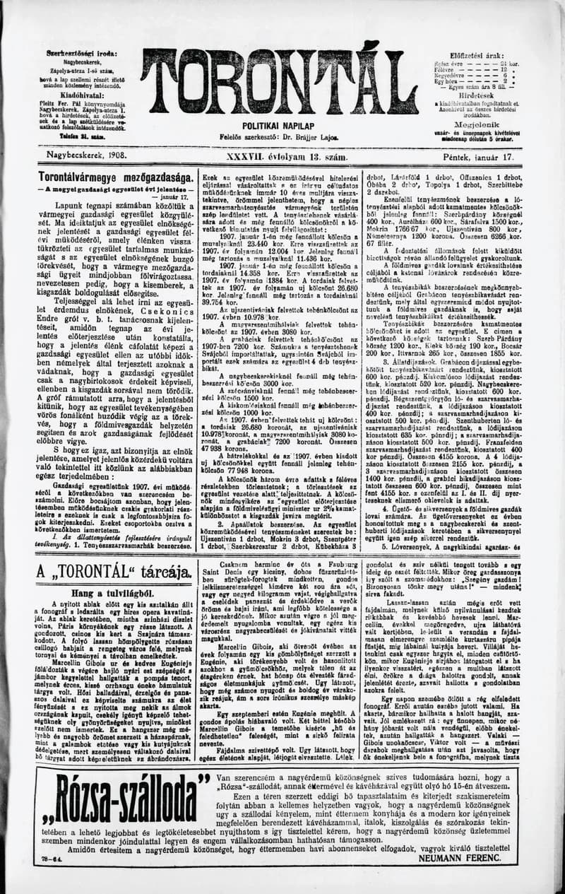 Torontál, 37. évf. 1908. január 17. 13. sz.