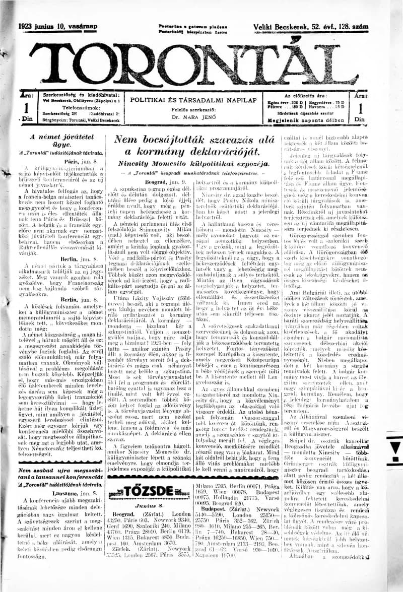 Torontál, 52. évf. 1923. június 10. 128. sz.