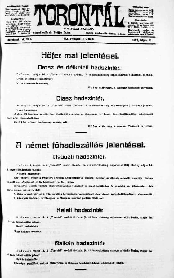 Torontál, 45. évf. 1916. május 15. 111. sz.