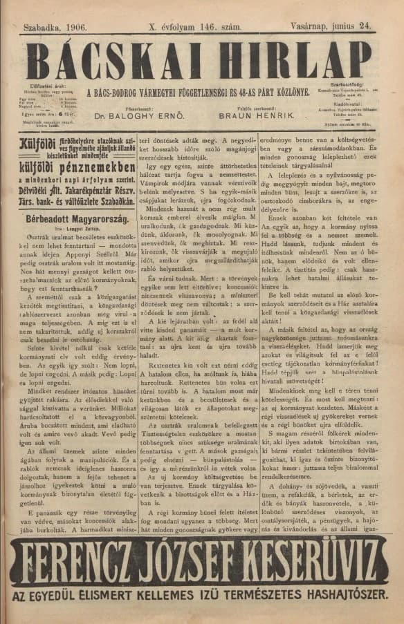 Bácskai Hirlap, 10. évf. 1906. június 24. 146. sz.
