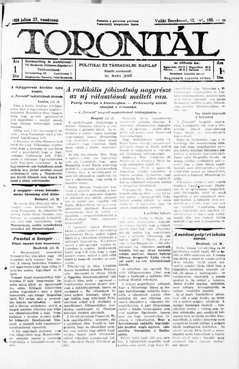Torontál, 53. évf. 1924. július 27. 169. sz.
