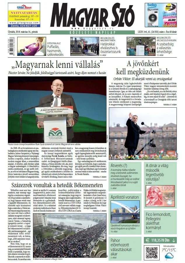 Magyar Szó, 75. évf. 2018. március 16. 61. sz. 1–16. oldal
