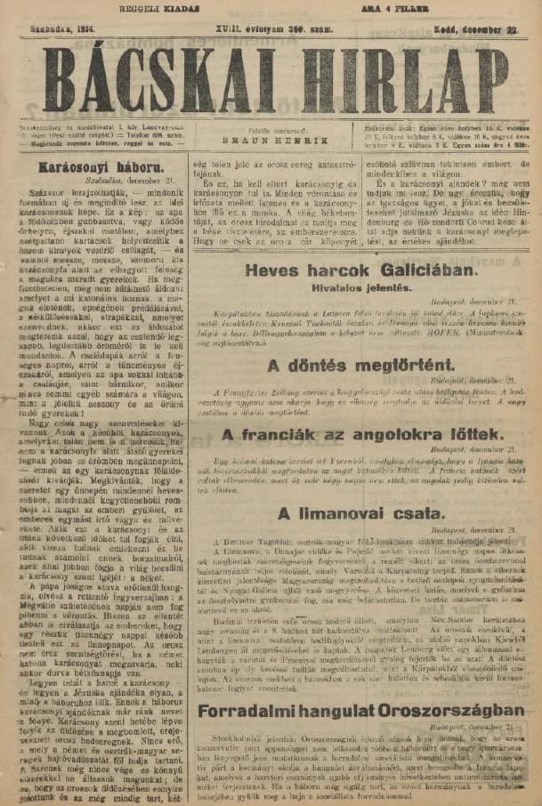 Bácskai Hirlap, 18. évf. 1914. december 22. 360. sz.