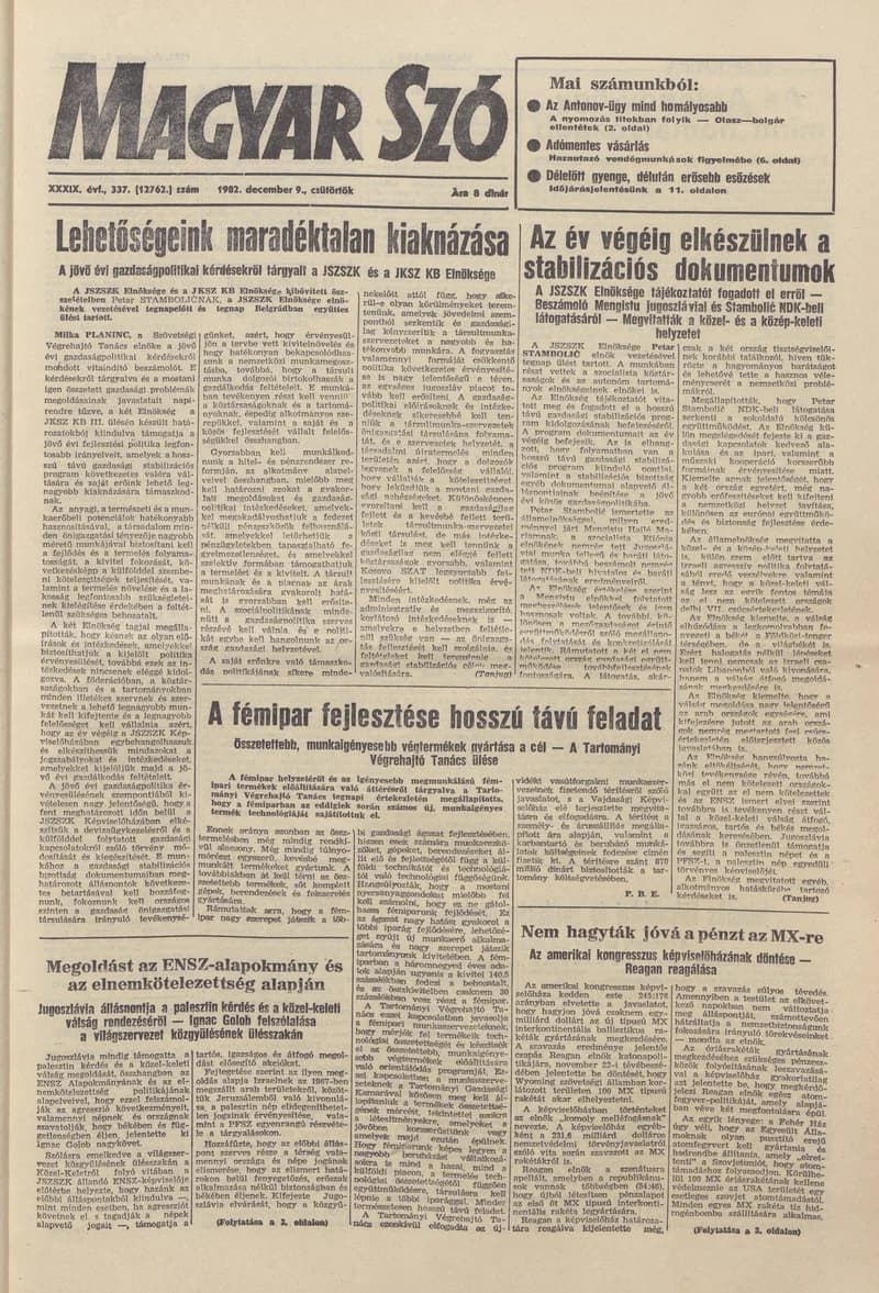 Magyar Szó, 39. évf. 1982. december 9. 337. sz. 1–20. oldal