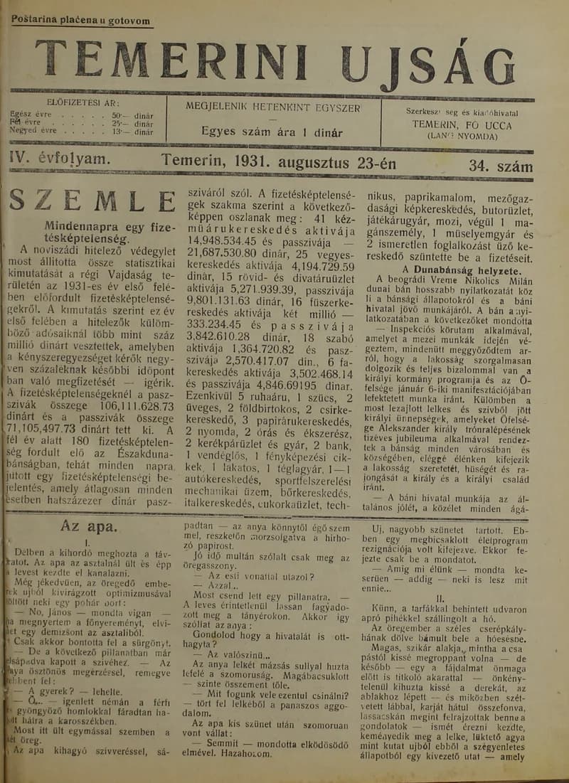 Temerini Újság 1928-1944, 4. évf. 1931. augusztus 23. 34. sz.