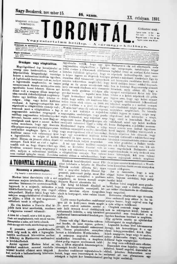 Torontál, 20. évf. 1891. november 15. 46. sz.