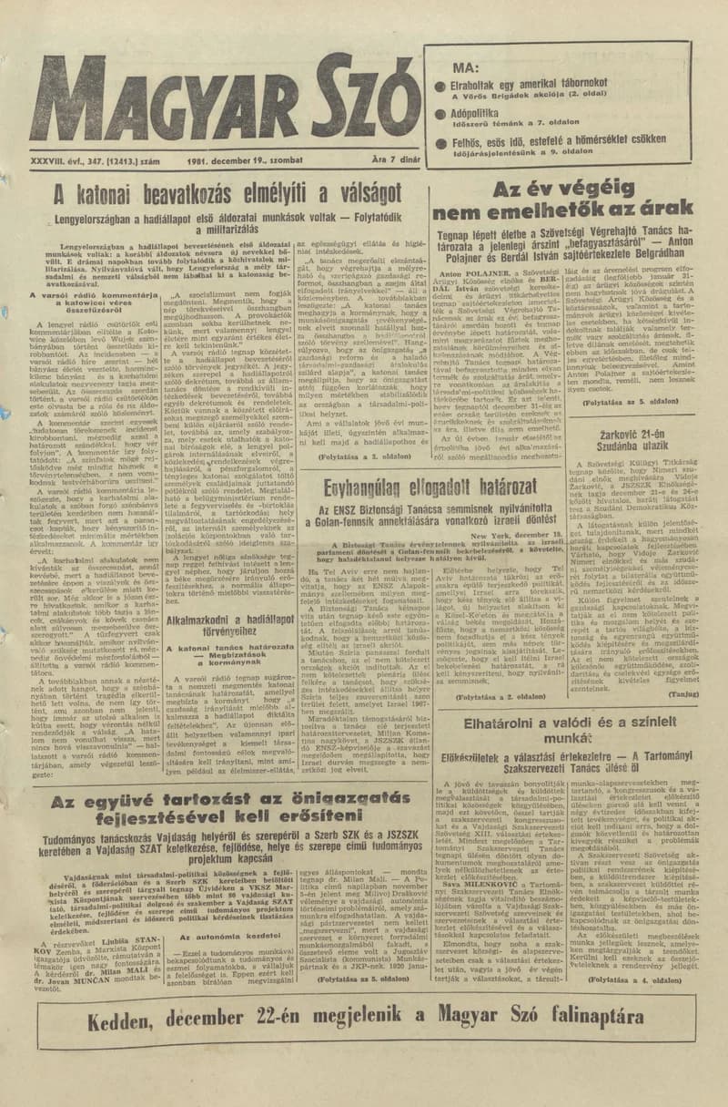 Magyar Szó, 38. évf. 1981. december 19. 347. sz.