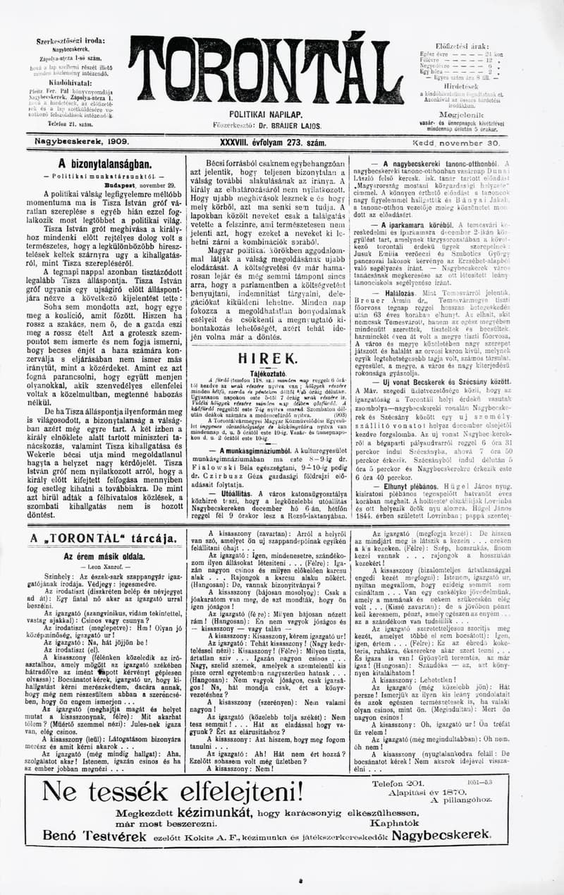 Torontál, 38. évf. 1909. november 30. 273. sz.
