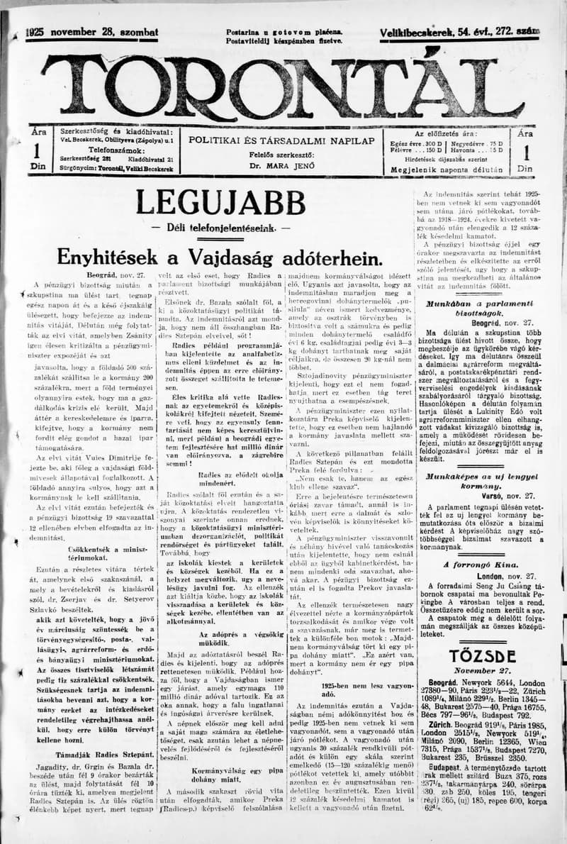 Torontál, 54. évf. 1925. november 28. 272. sz.