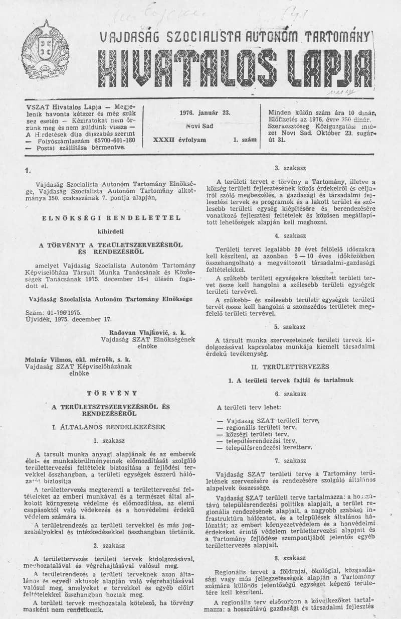 Vajdaság Szocialista Autonóm Tartomány Hivatalos Lapja, 32. évf. 1976. január 23. 1. sz. 1–12. oldal