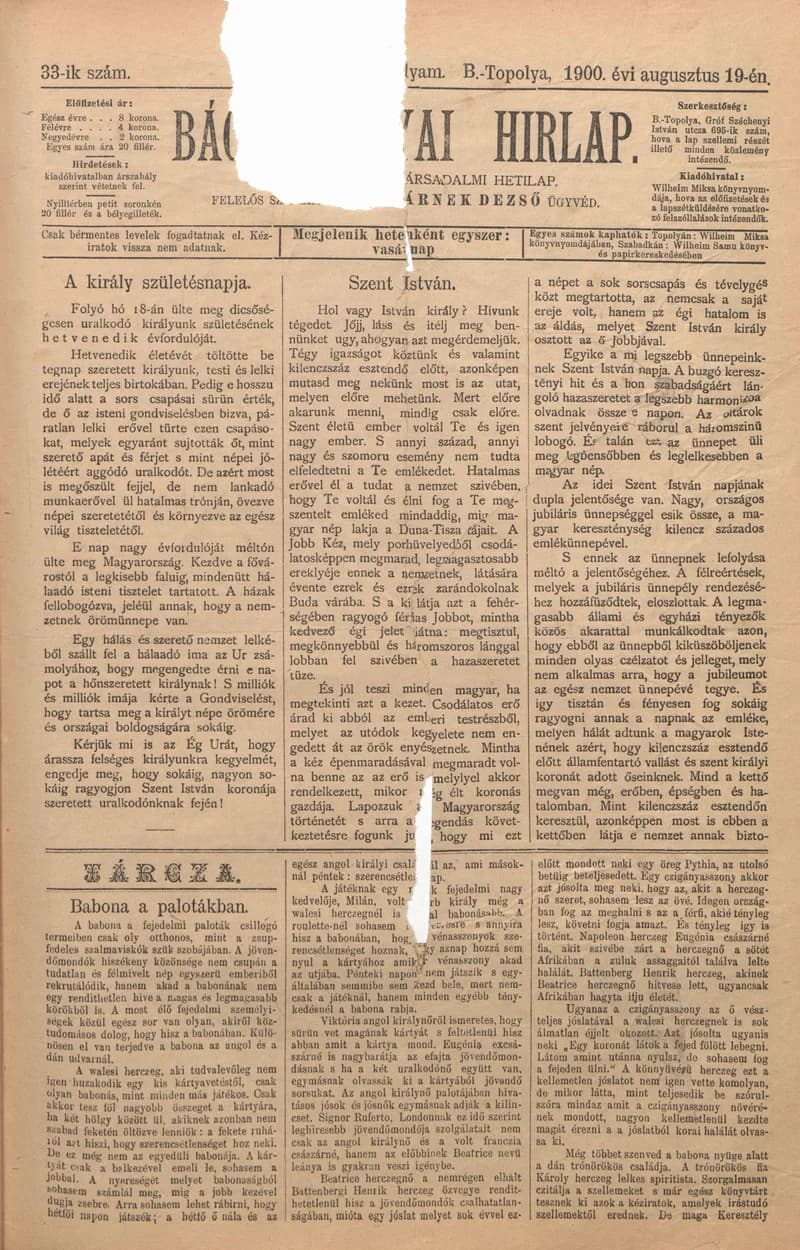 Bács-Topolyai Hirlap, 5. évf. 1900. augusztus 19. 33. sz.
