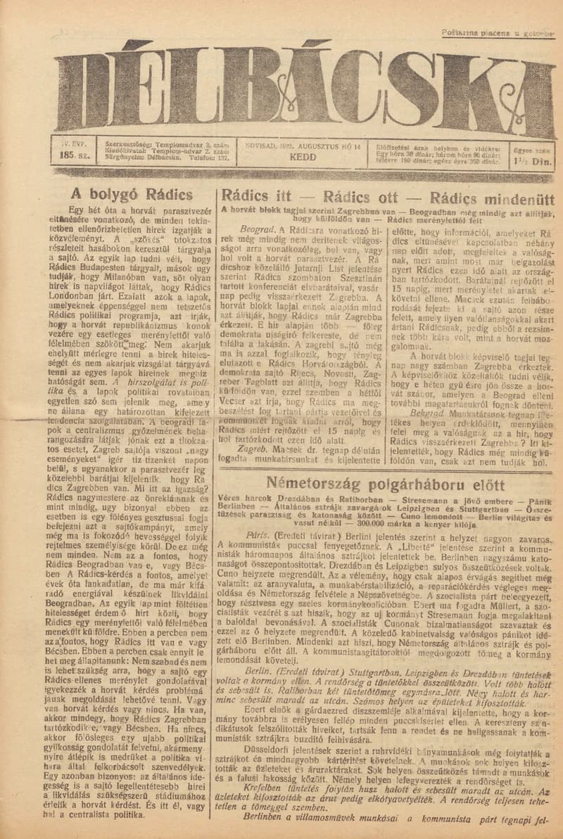 Délbácska, 4. évf. 1923. augusztus 14. 185. sz.