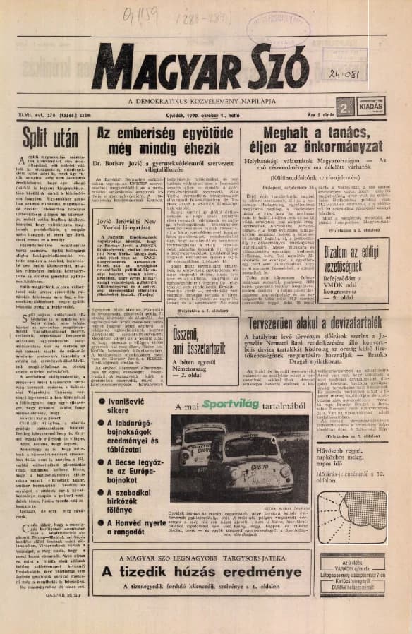 Magyar Szó, 47. évf. 1990. október 1. 270. sz. 1–20. oldal