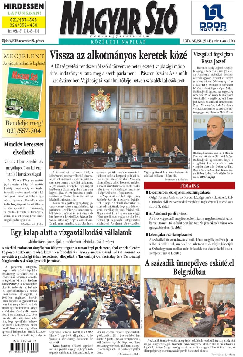 Magyar Szó, 69. évf. 2012. november 23. 274. sz. 1–20. oldal