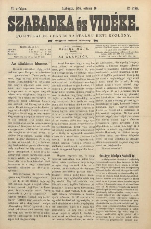 Szabadka és vidéke II, 6. évf. 1898. október 16. 42. sz.
