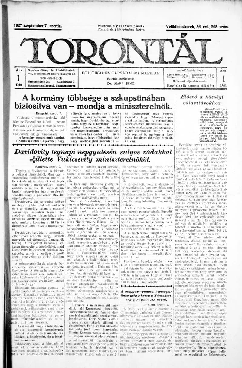 Torontál, 56. évf. 1927. szeptember 7. 205. sz.