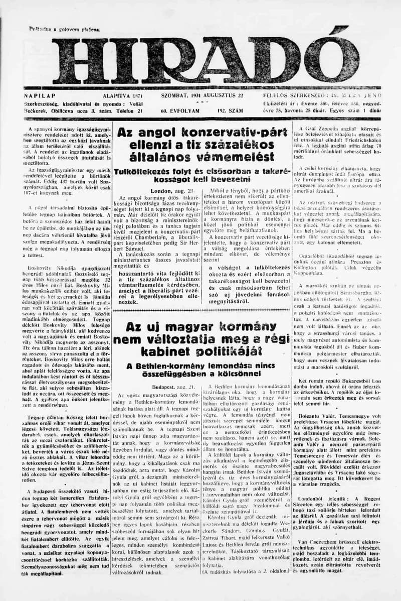 Híradó, 60. évf. 1931. augusztus 22. 192. sz.