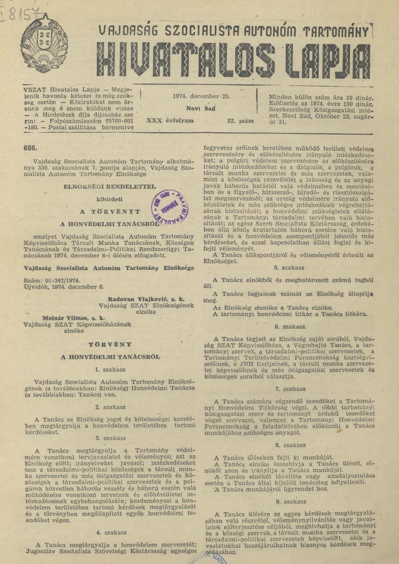 Vajdaság Szocialista Autonóm Tartomány Hivatalos Lapja, 30. évf. 1974. december 25. 22. sz. 933–944. oldal