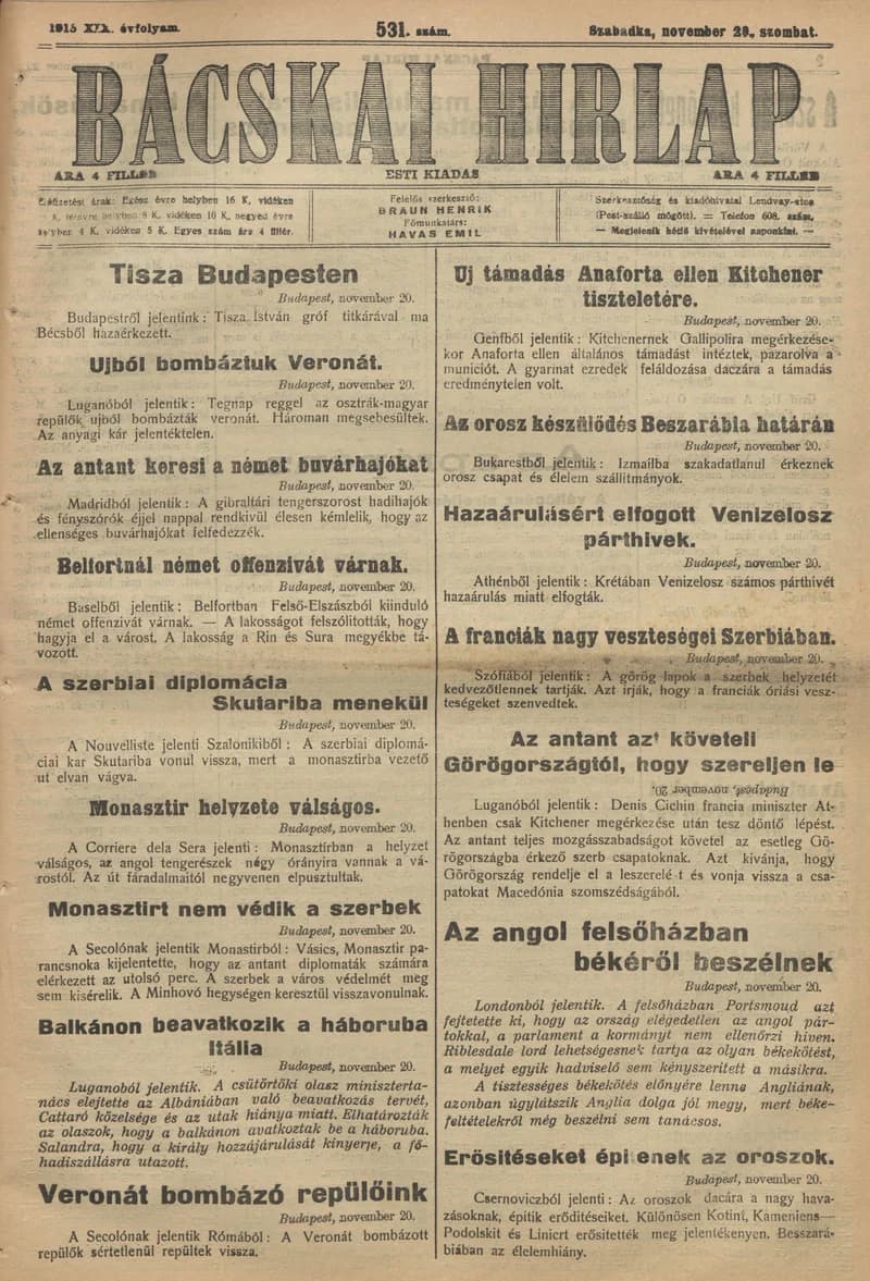 Bácskai Hirlap, 19. évf. 1915. november 20. 531. sz.