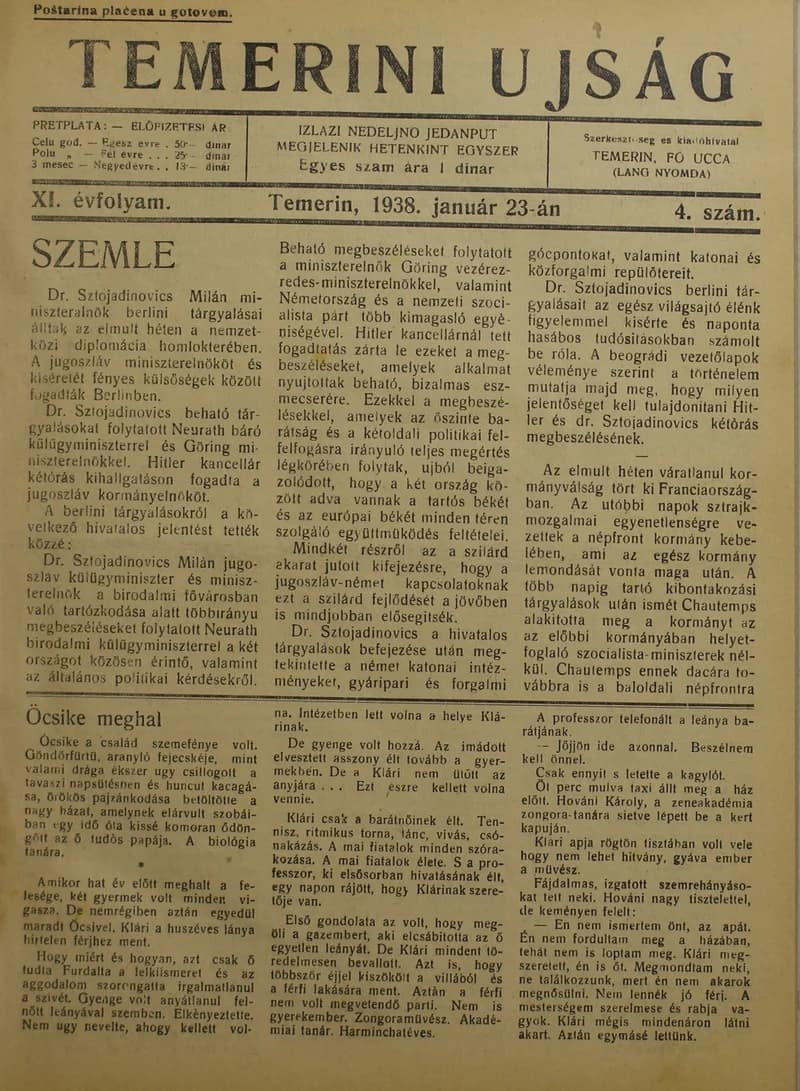 Temerini Újság 1928-1944, 11. évf. 1938. január 23. 4. sz.