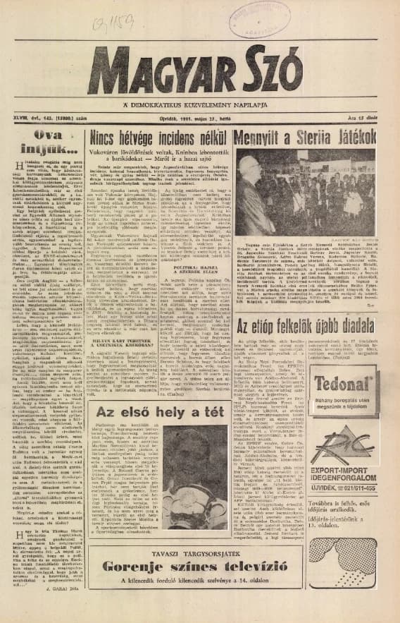 Magyar Szó, 48. évf. 1991. május 27. 143. sz. 1–24. oldal