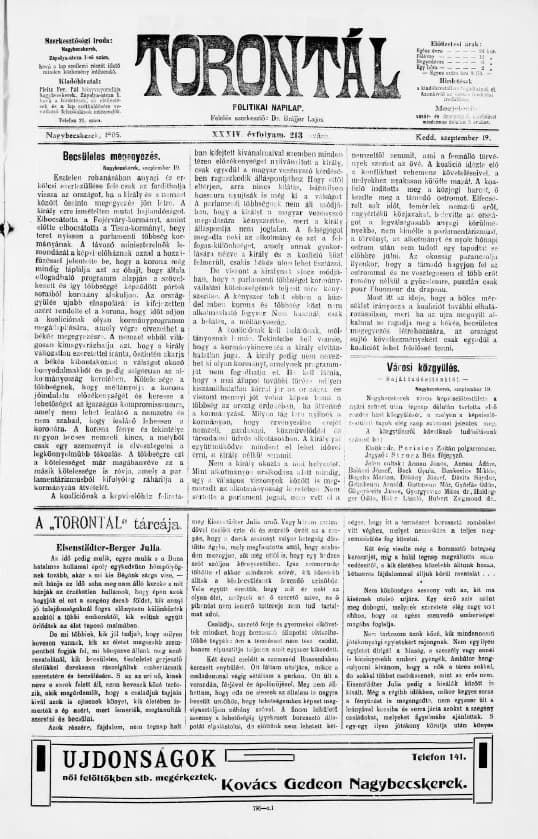 Torontál, 34. évf. 1905. szeptember 19. 213. sz.
