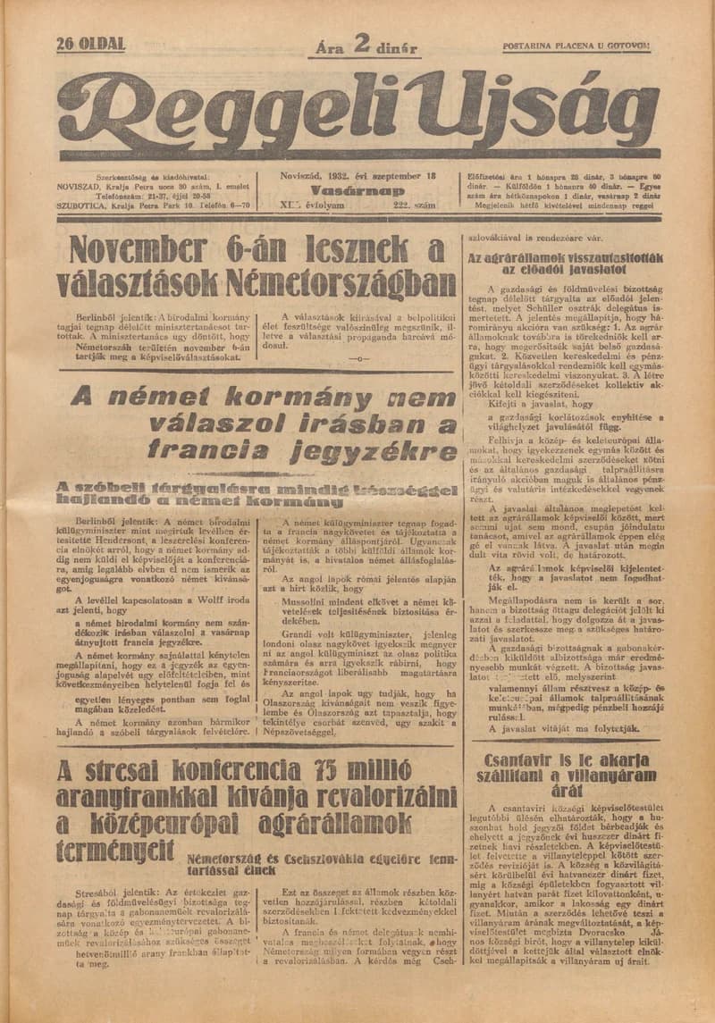 Reggeli Újság, 13. évf. 1932. szeptember 18. 222. sz.