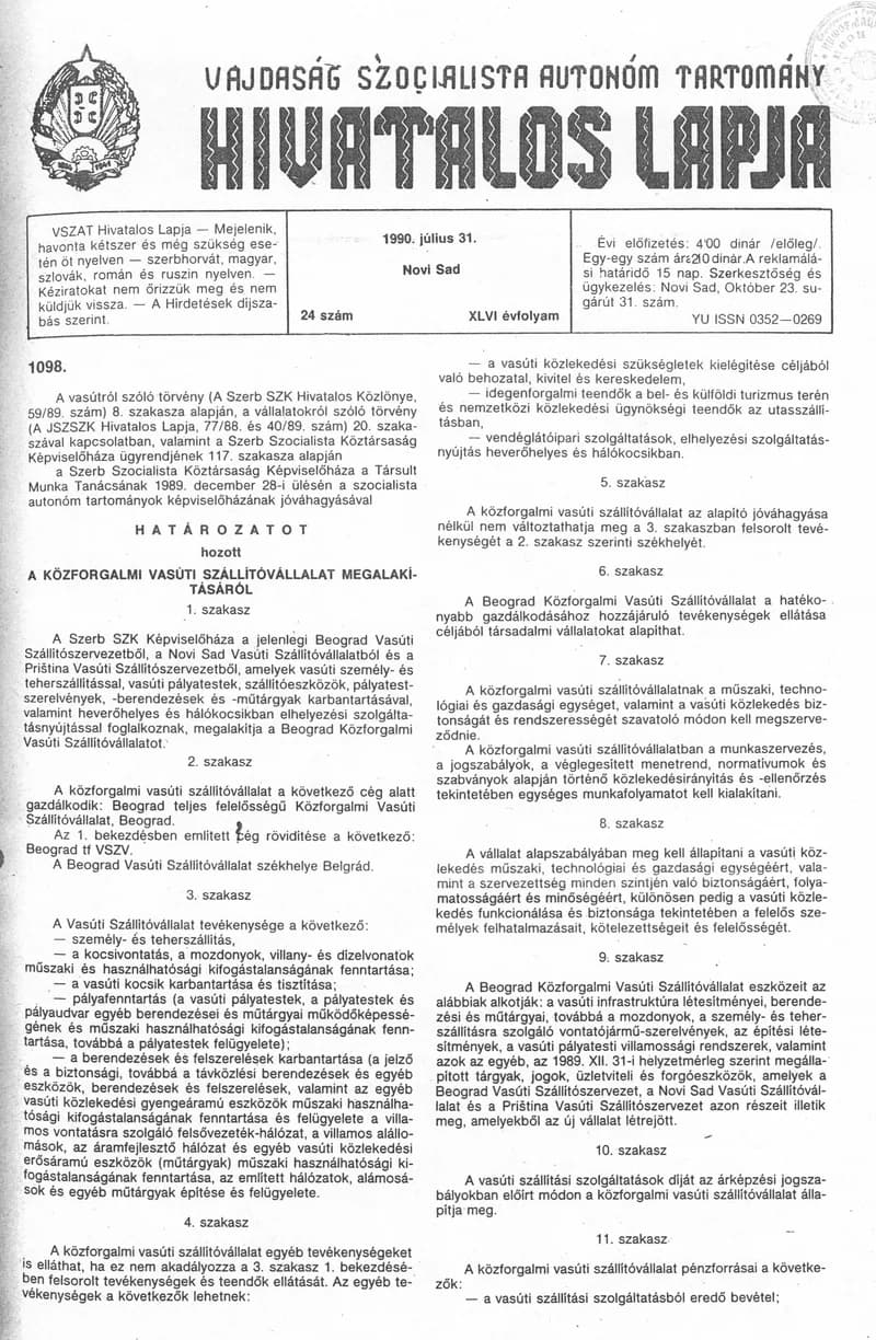 Vajdaság Szocialista Autonóm Tartomány Hivatalos Lapja, 46. évf. 1990. július 31. 24. sz.