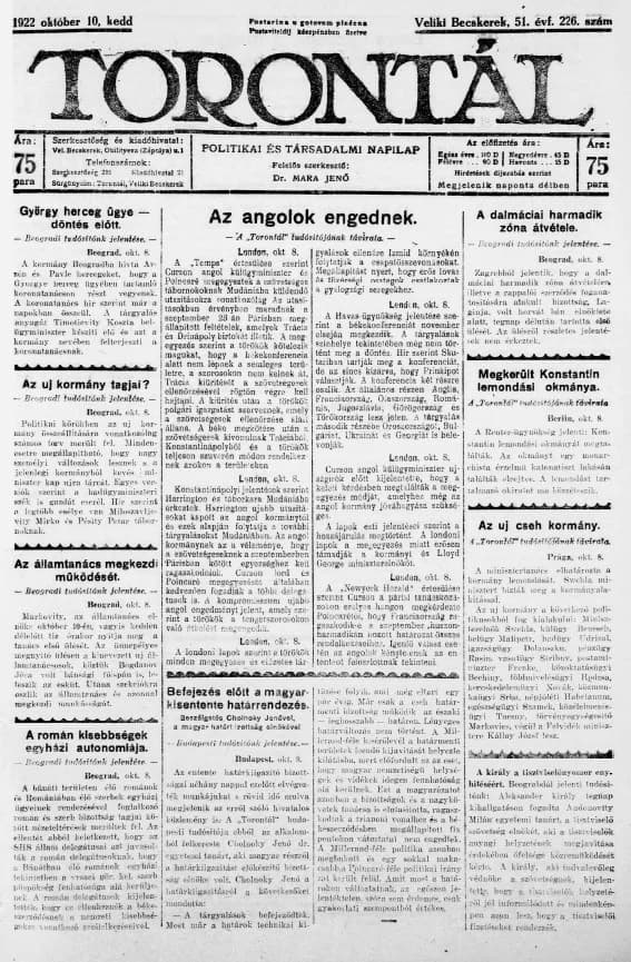 Torontál, 51. évf. 1922. október 10. 226. sz.