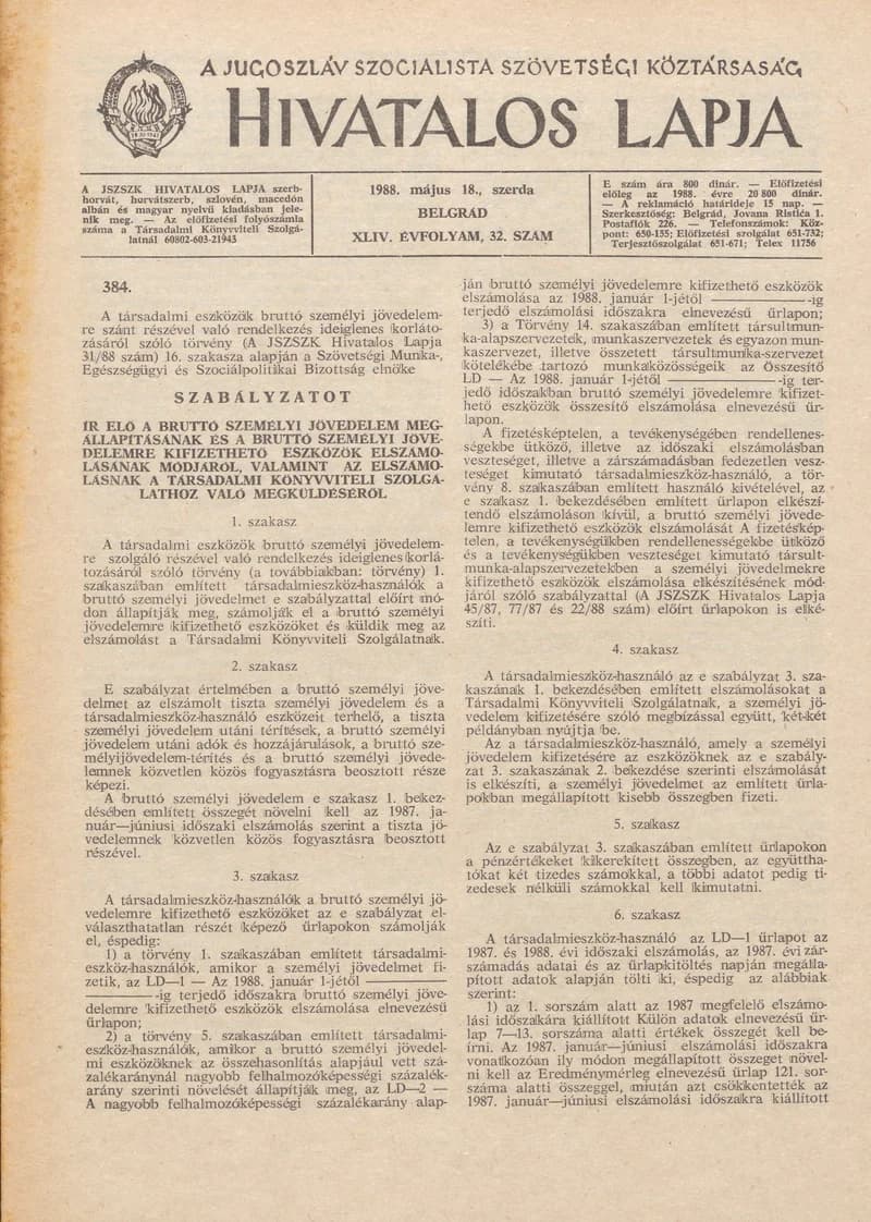 A Jugoszláv Szocialista Szövetségi Köztársaság Hivatalos Lapja, 44. évf. 1988. május 18. 32. sz. 837–868. oldal