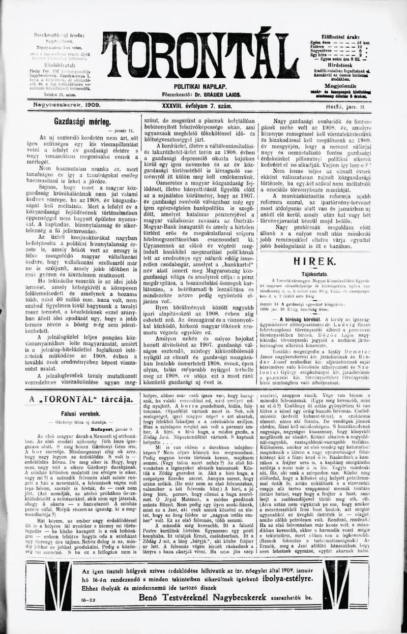 Torontál, 38. évf. 1909. január 11. 7. sz.