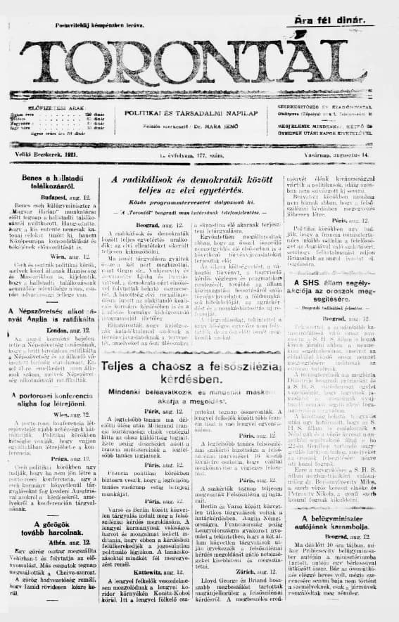 Torontál, 50. évf. 1921. augusztus 14. 177. sz.