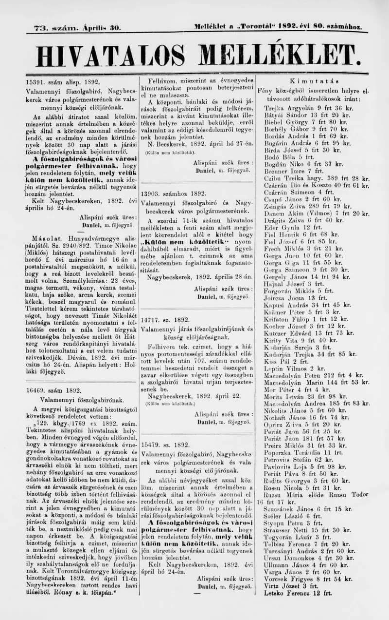 A Totontál  hivatalos melléklete, 5. évf. 1892. április 30. 73. sz.