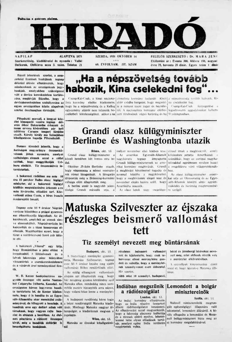 Híradó, 60. évf. 1931. október 14. 237. sz.