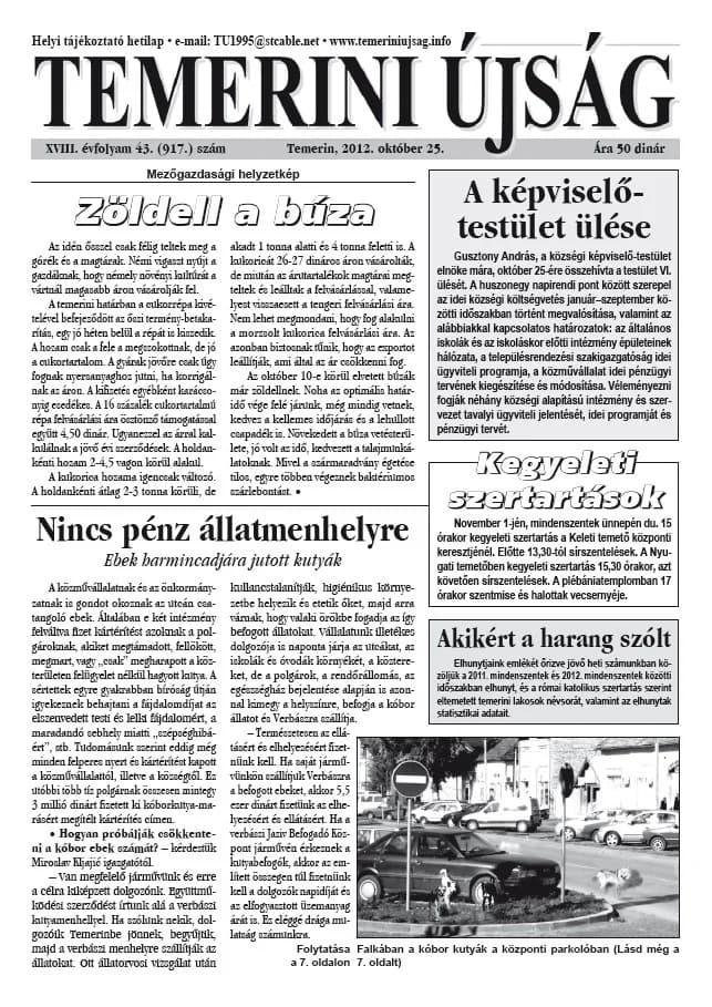Temerini Újság, 18. évf. 2012. október 25. 43. sz.