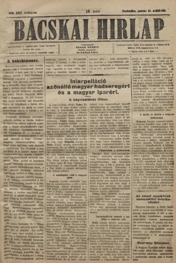 Bácskai Hirlap, 22. évf. 1918. január 17. 14. sz.