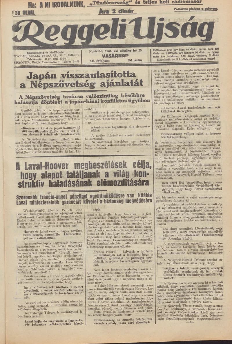 Reggeli Újság, 12. évf. 1931. október 25. 251. sz.