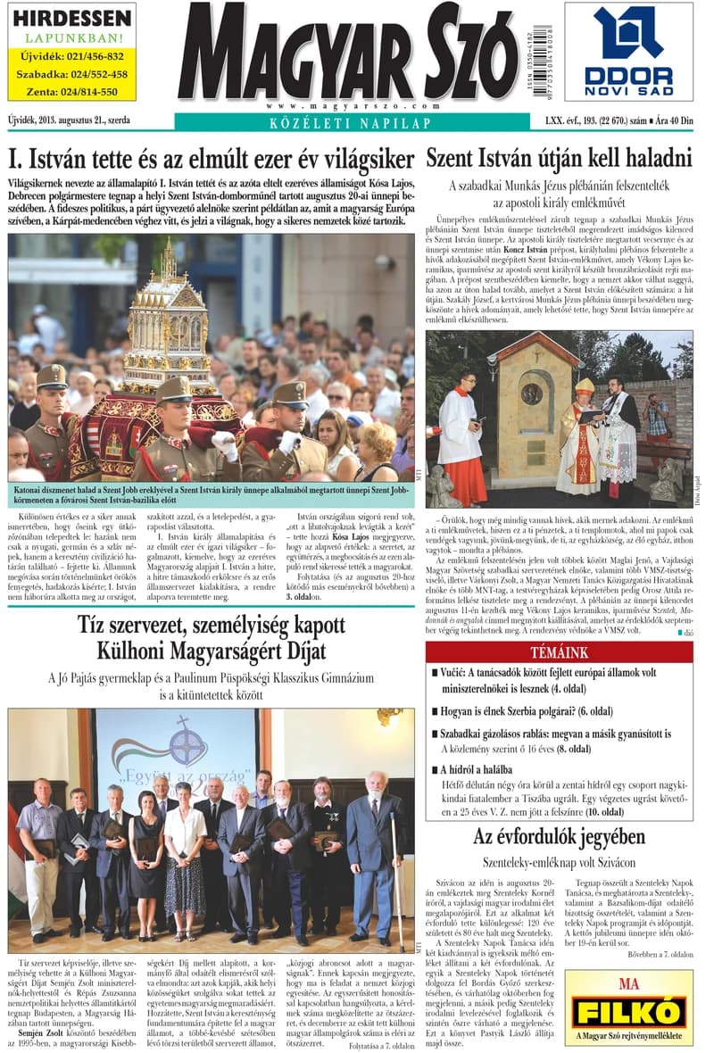 Magyar Szó, 70. évf. 2013. augusztus 21. 193. sz. 1–20. oldal