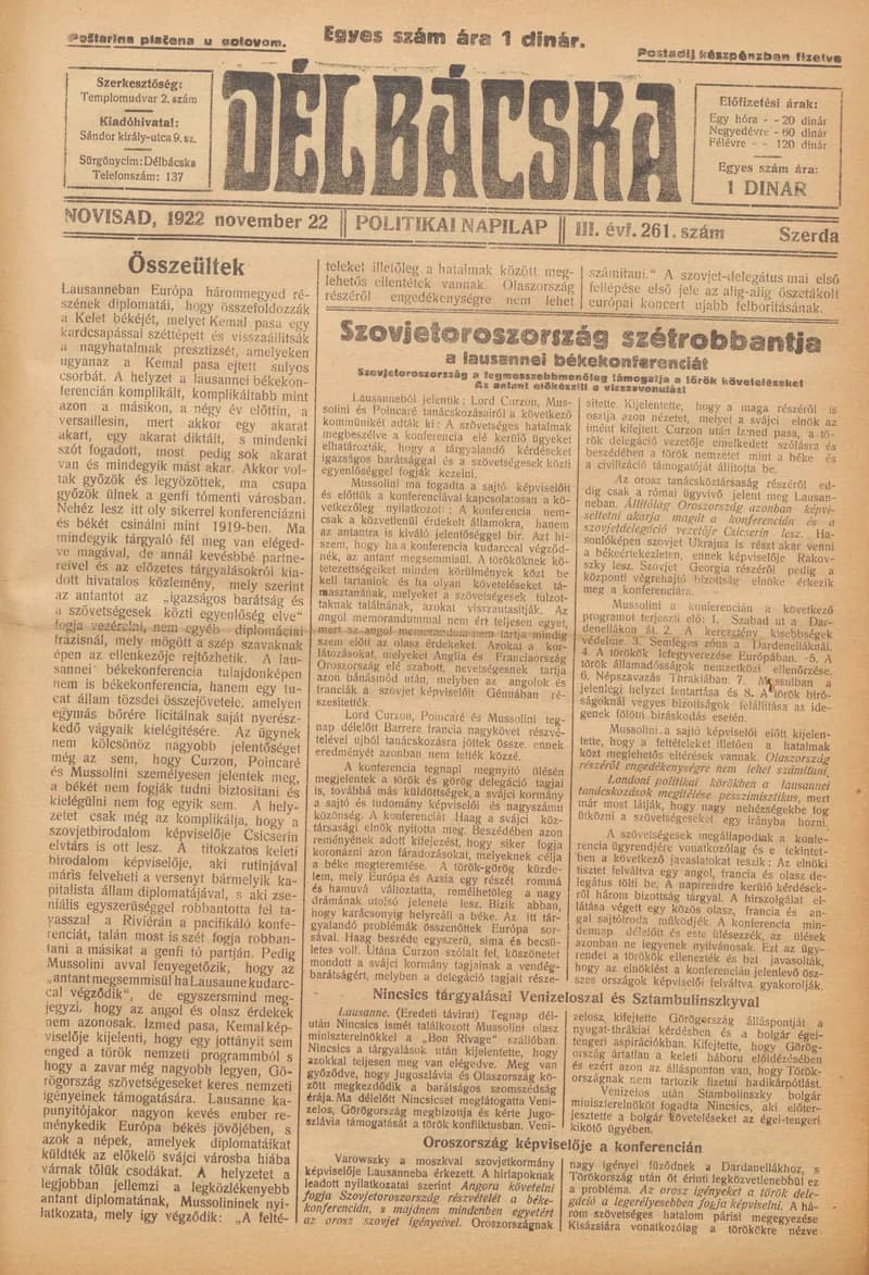 Délbácska, 3. évf. 1922. november 22. 261. sz.